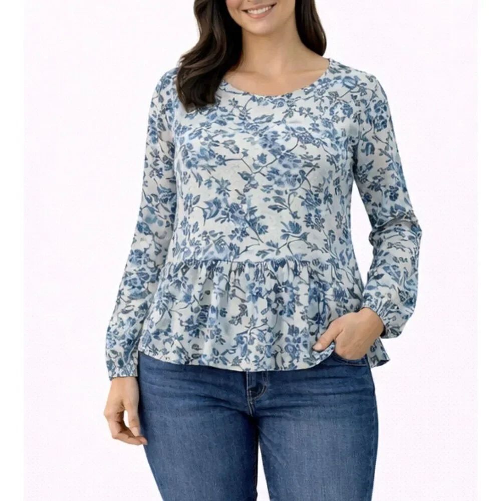 Lucky Brand blue floral long sleeve peplum blouse Small